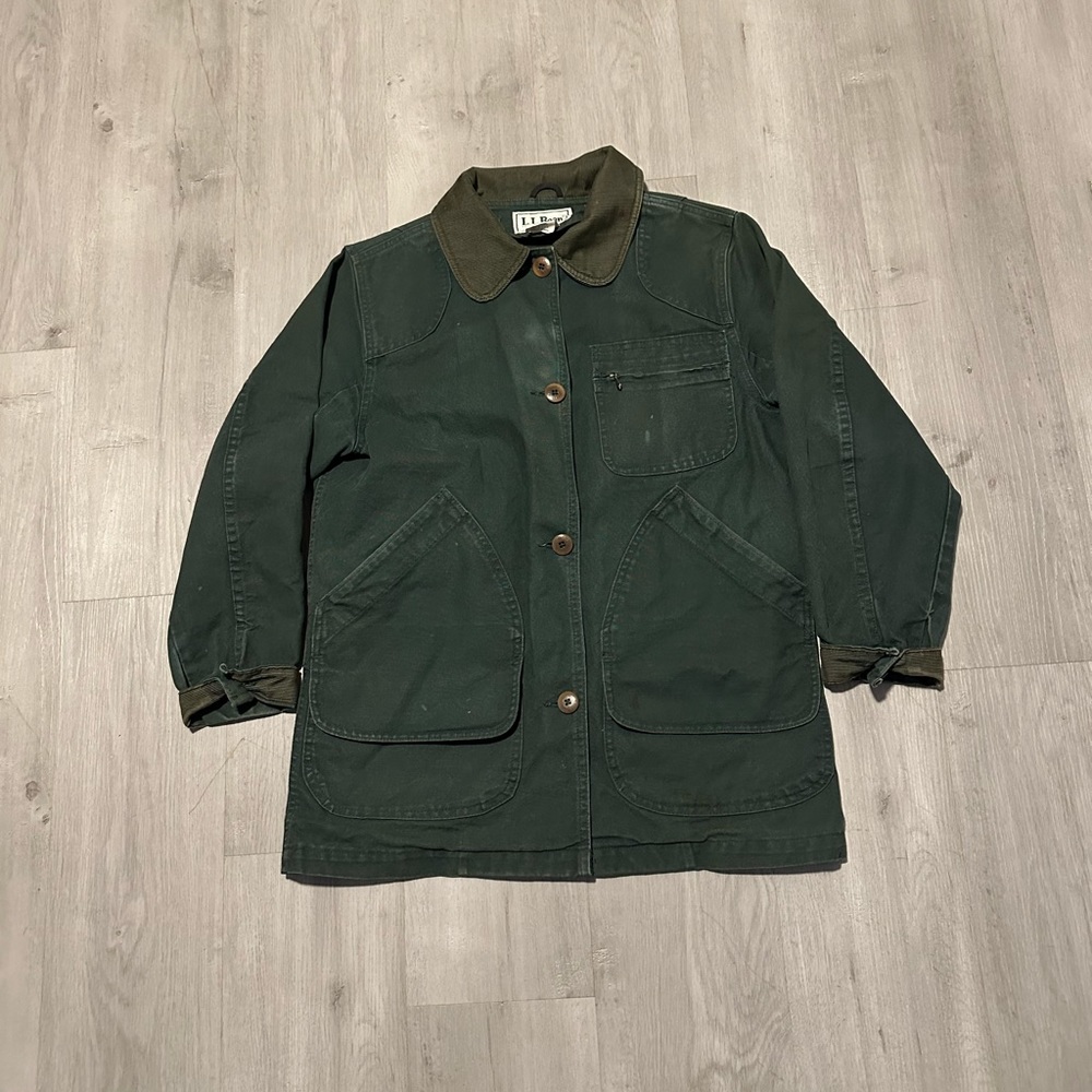 Vintage LL Bean Distressed Green Barn Chore Coat Corduroy Trim
